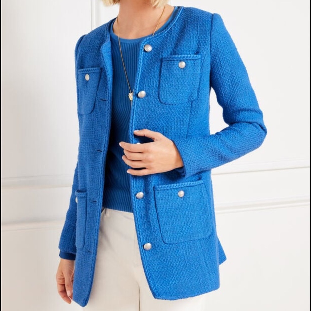 Talbots Tweed Topper Coat Blazer Womens Sz 16 Blue Cotton Preppy Office